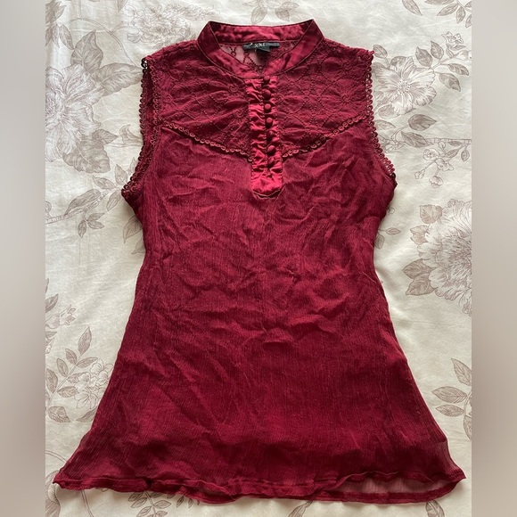 Y2K Red Silk High Neck Embroidered Blouse Top Medium Red Vamp Whimsigoth Witchy - Picture 1 of 9